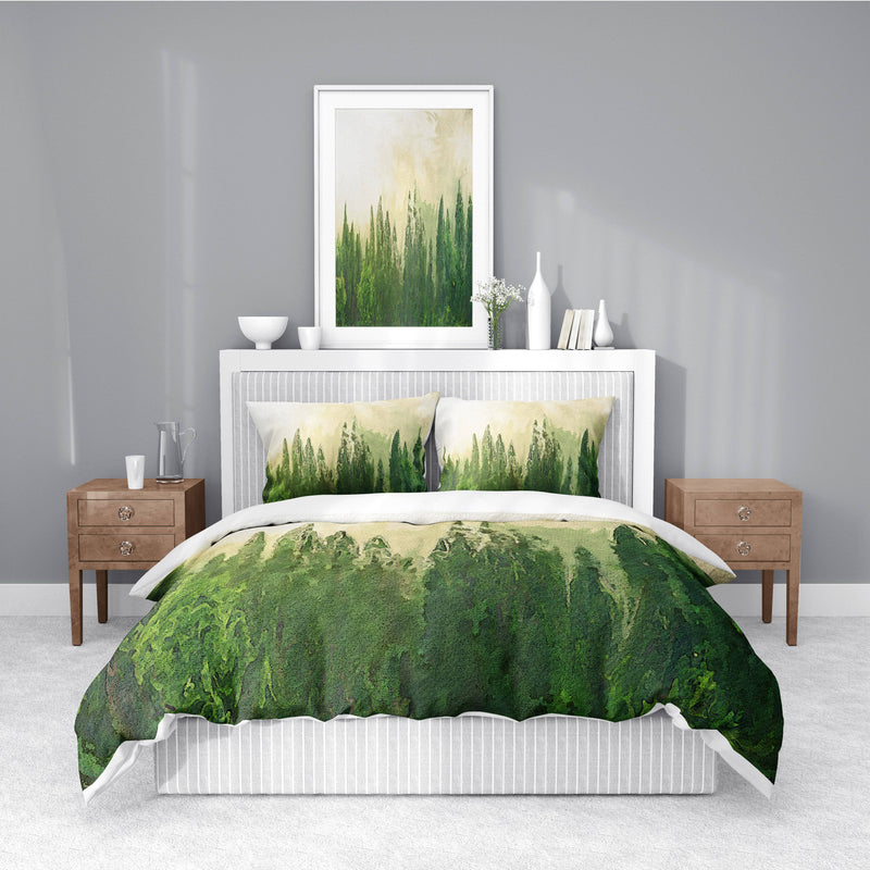 Beige and Green Foggy Forest Comforter or Duvet Cover | Twin, Queen, King Size - Deja Blue Studios