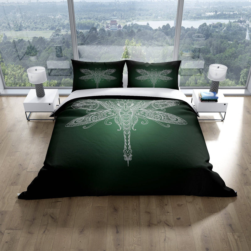 Black and Green Gradient Dragonfly Comforter or Duvet Cover | Twin, Queen, King Size - Deja Blue Studios
