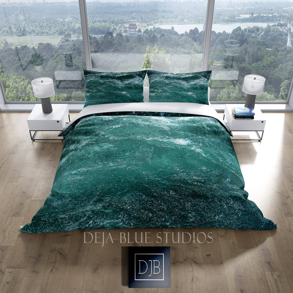 Nautical Green Ocean Waves Comforter or Duvet Cover | Green and Blue - Deja Blue Studios