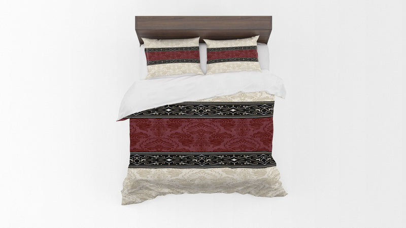 Beige and Burgundy Damask Pattern Bedding Comforter or Duvet Cover - Deja Blue Studios
