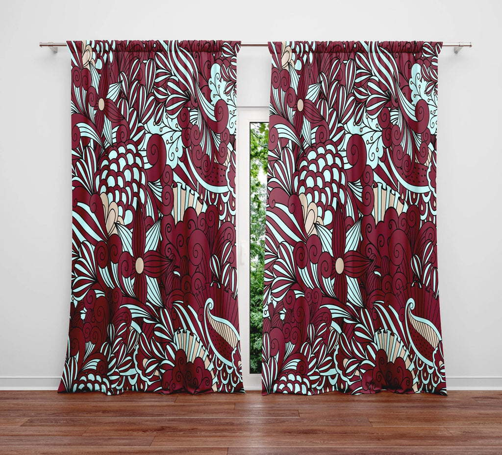 Burgundy and Teal Modern Floral Pattern Window Curtains - Deja Blue Studios