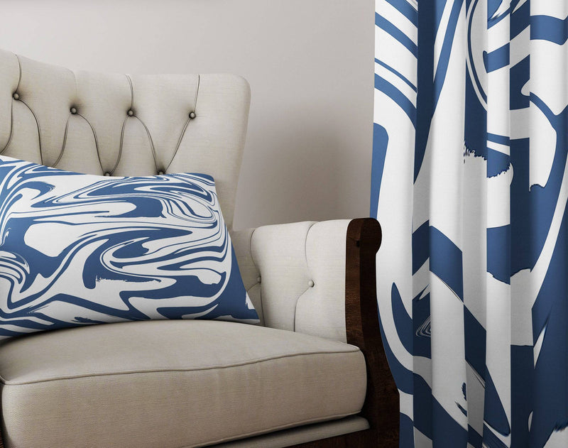 Blue and White Marbled Color Swirl Window Curtain Panels - Deja Blue Studios