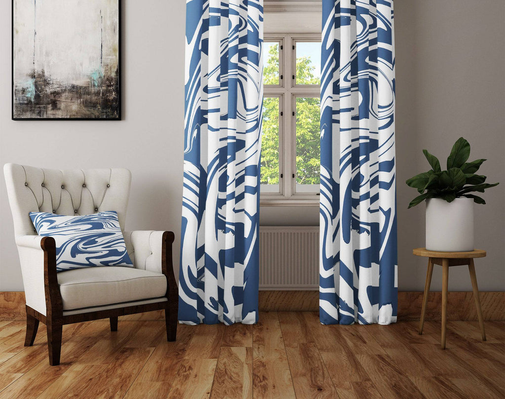 Blue and White Marbled Color Swirl Window Curtain Panels - Deja Blue Studios