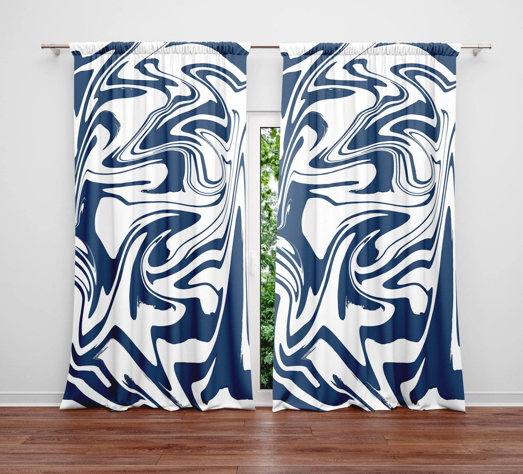 Blue and White Marbled Color Swirl Window Curtain Panels - Deja Blue Studios