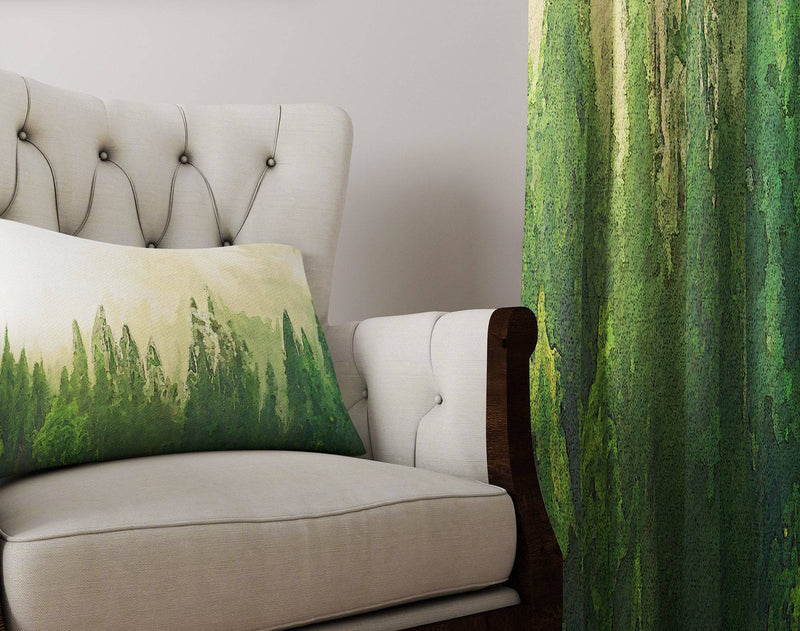 Beige and Green Foggy Forest Window Curtain Panels - Deja Blue Studios