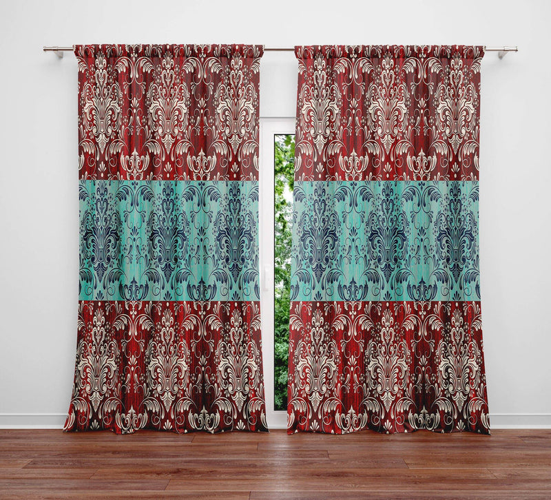 Red and Blue Victorian Damask Style Window Curtains - Deja Blue Studios