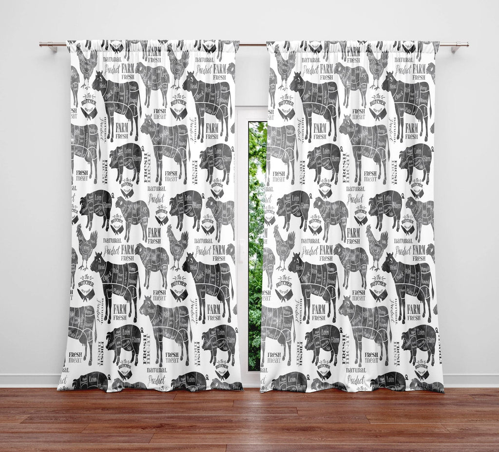 Gray Scale Farm Animal Meat Cuts Window Curtains - Deja Blue Studios