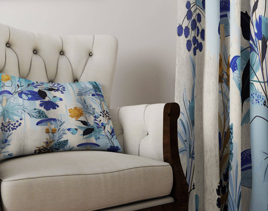 Monochrome Blue Floral Print Window Curtain Panels - Deja Blue Studios