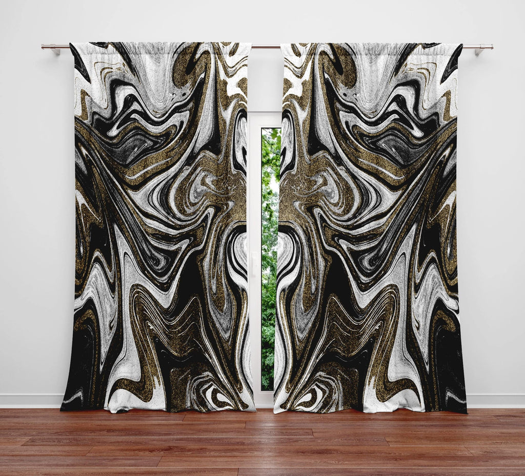 Black Gray and Gold Color Swirl Window Curtains | "The White Tiger" - Deja Blue Studios