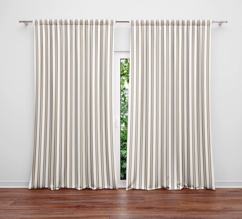 Chic Beige Sage Striped Window Curtains | Minimalist Striped Print - Deja Blue Studios