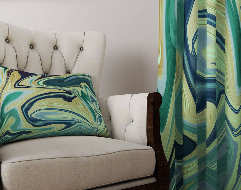 Marble Swirl Watercolor Boho Nautical Green Window Curtains - Deja Blue Studios