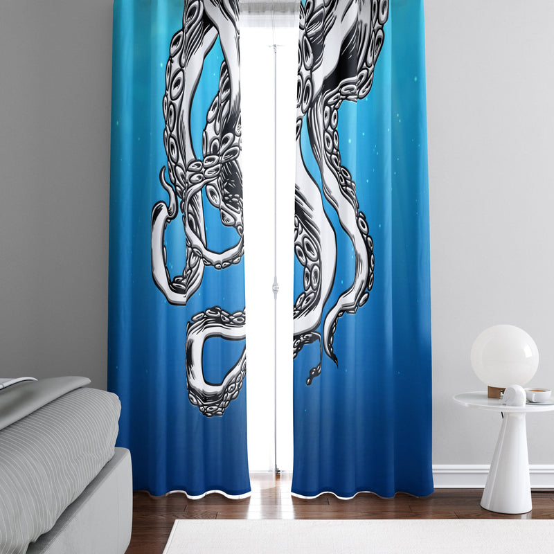 Blue Ocean Nautical Octopus Tentacles Window Curtain Panels - Deja Blue Studios