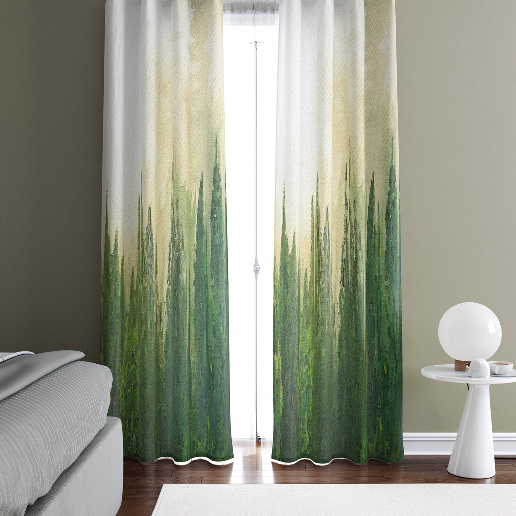 Beige and Green Foggy Forest Window Curtain Panels - Deja Blue Studios