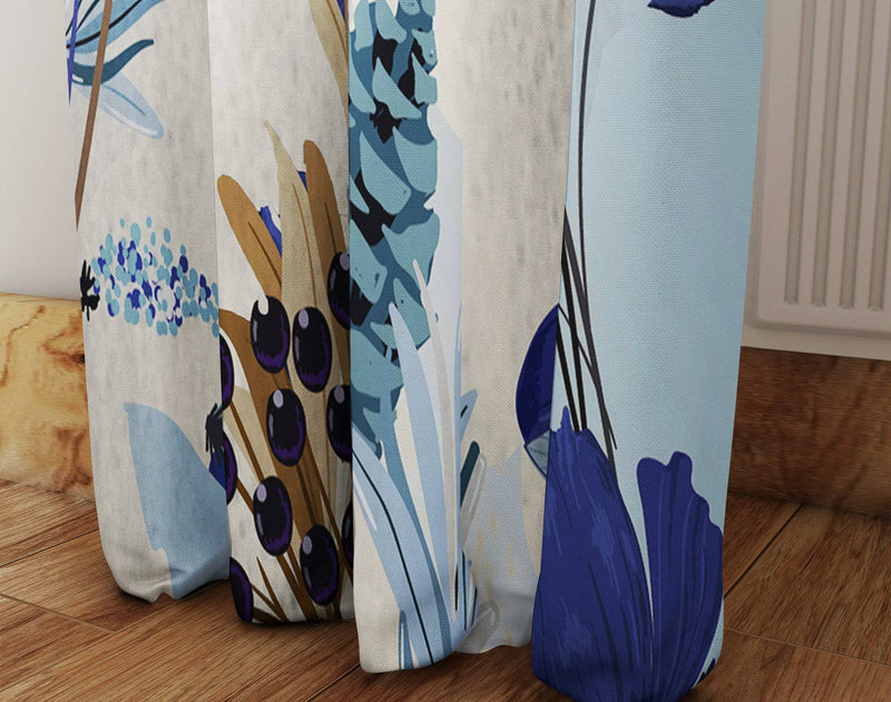Monochrome Blue Floral Print Window Curtain Panels - Deja Blue Studios