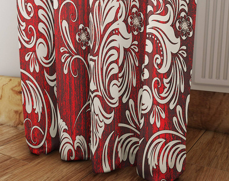 Red and Blue Victorian Damask Style Window Curtains - Deja Blue Studios