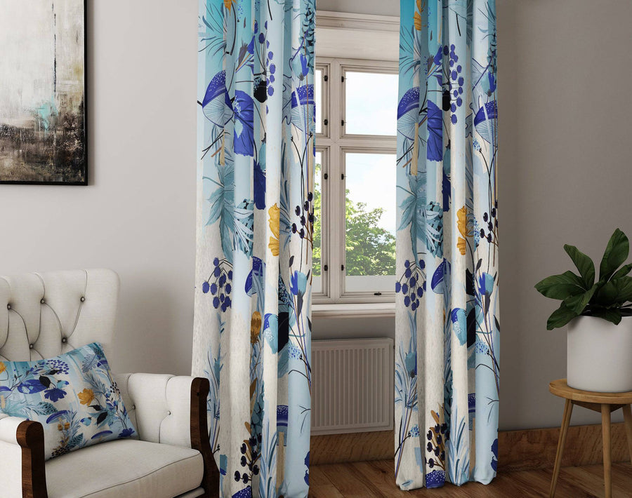Monochrome Blue Floral Print Window Curtain Panels - Deja Blue Studios