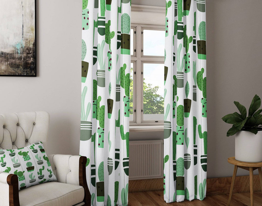Whimsical Green Cactus on White Wood Window Curtain Panels - Deja Blue Studios