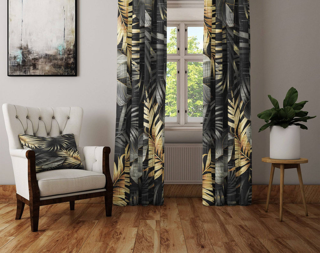 Black and Gold Monstera Fern Print Window Curtain Panels - Deja Blue Studios