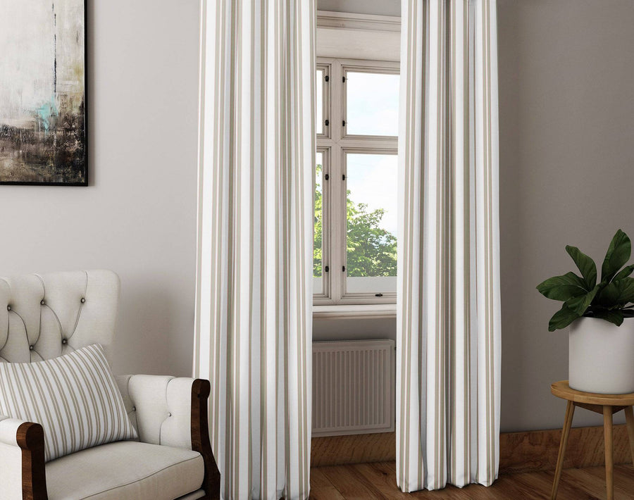 Chic Beige Sage Striped Window Curtains | Minimalist Striped Print - Deja Blue Studios