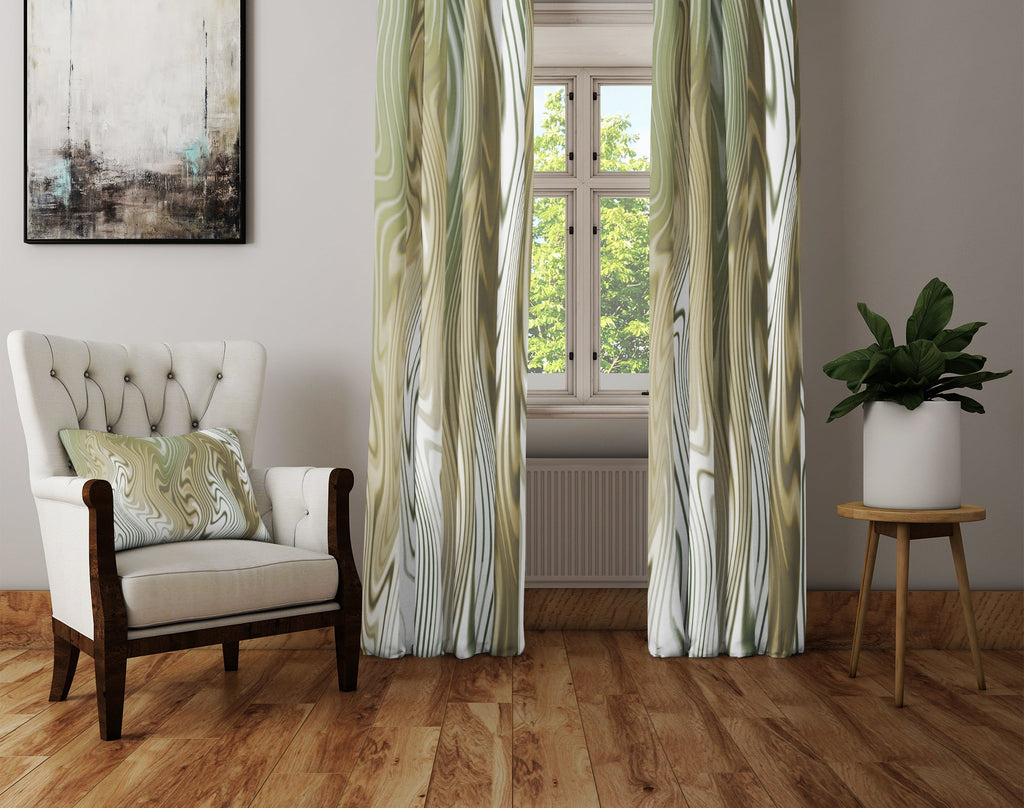 White and Earth Tone Wavy Striped Window Curtains - Deja Blue Studios