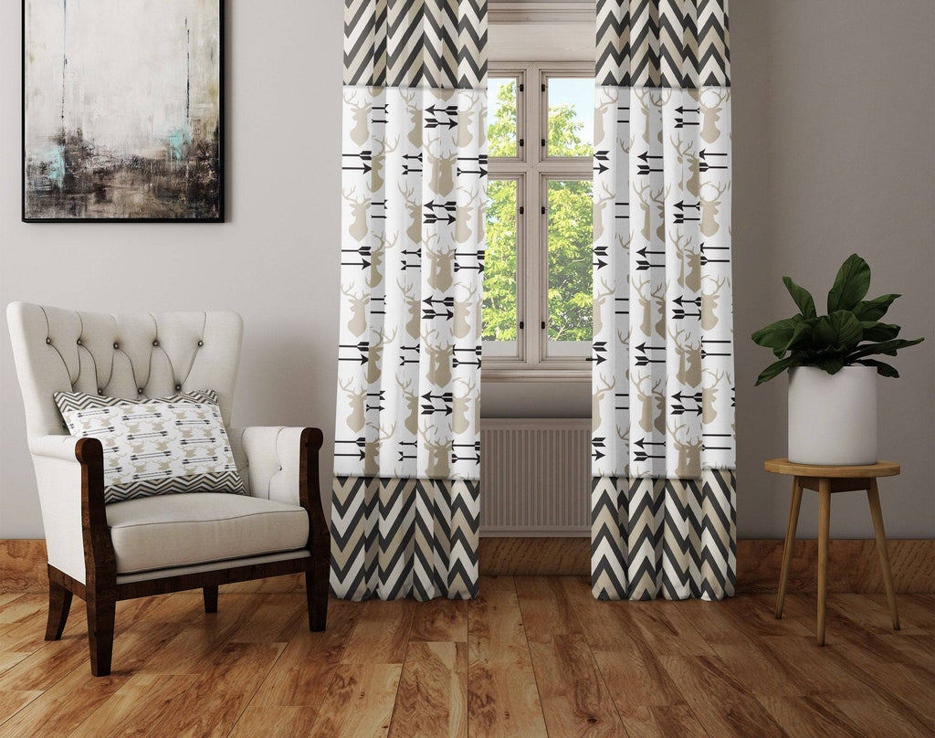 Beige and White Deer Antler and Chevron Pattern Window Curtains - Deja Blue Studios