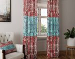 Red and Blue Victorian Damask Style Window Curtains - Deja Blue Studios