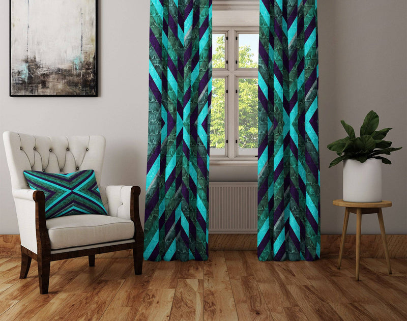 Geometric Green Cross Pattern Window Curtain Panels - Deja Blue Studios
