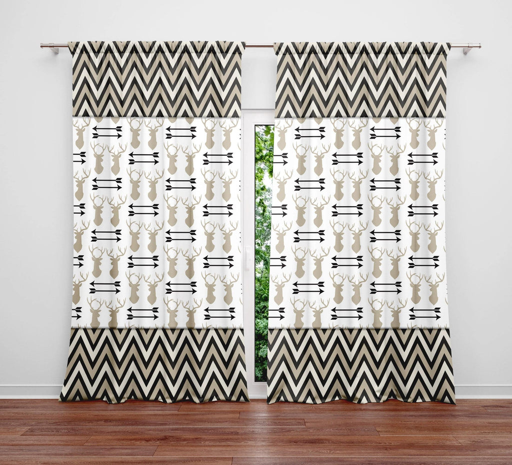 Beige and White Deer Antler and Chevron Pattern Window Curtains - Deja Blue Studios