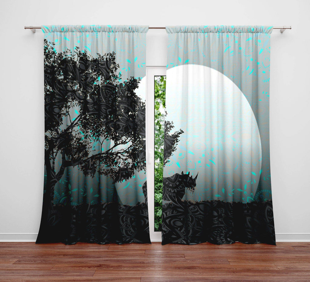 African Night Moonlight Rhino Window Curtains - Deja Blue Studios