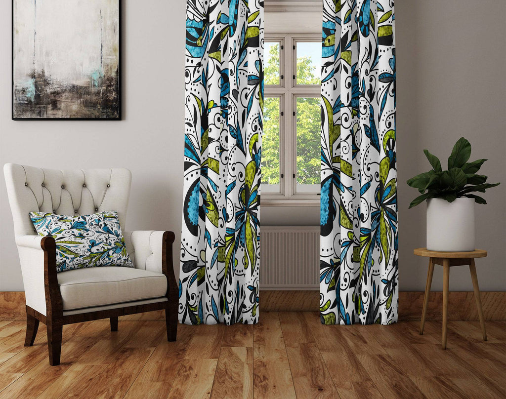 Colorful Blue and Green Glittered Floral Window Curtains - Deja Blue Studios