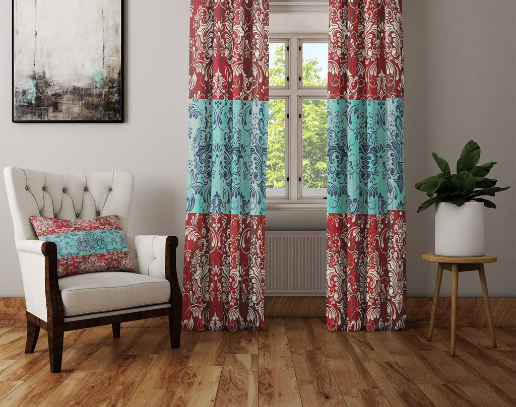 Red and Blue Victorian Damask Style Window Curtains - Deja Blue Studios