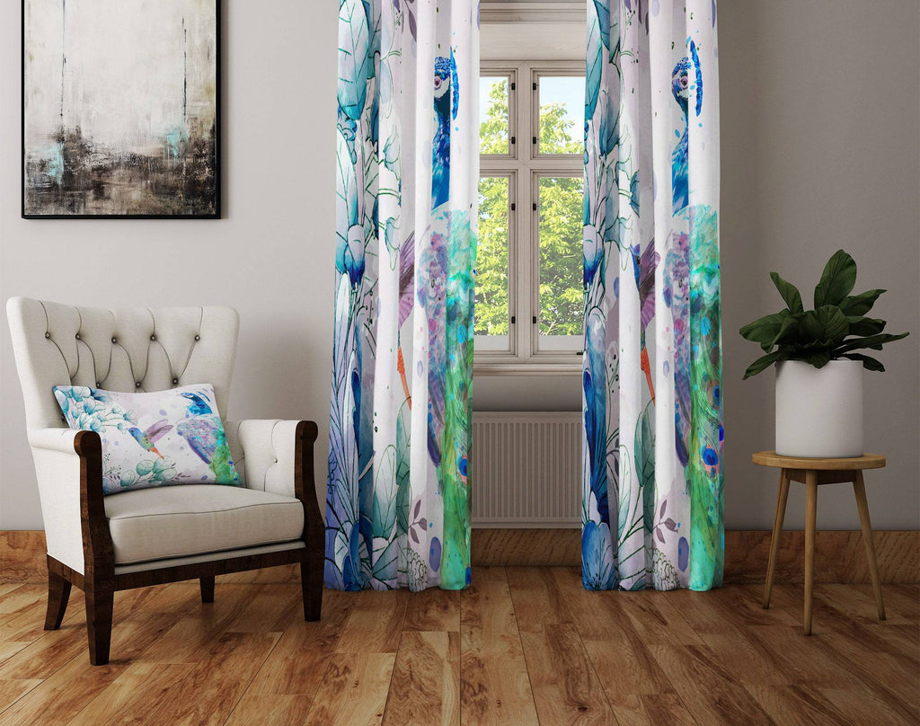 Watercolor Peacock and Hummingbird Window Curtains - Deja Blue Studios