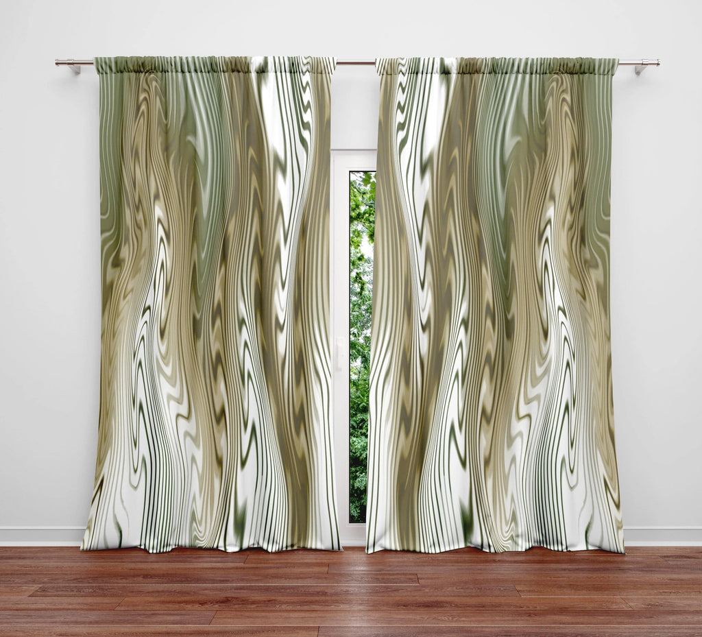 White and Earth Tone Wavy Striped Window Curtains - Deja Blue Studios