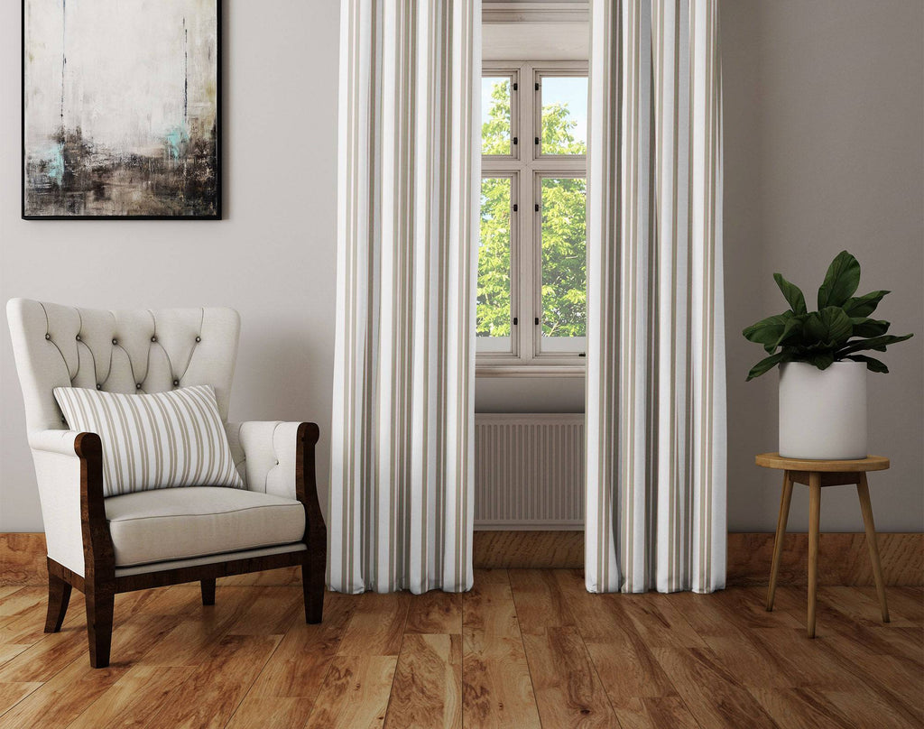 Chic Beige Sage Striped Window Curtains | Minimalist Striped Print - Deja Blue Studios