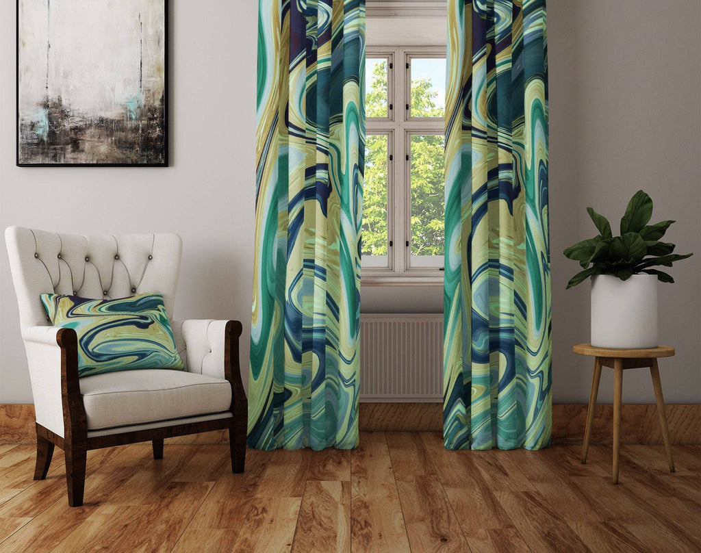 Marble Swirl Watercolor Boho Nautical Green Window Curtains - Deja Blue Studios