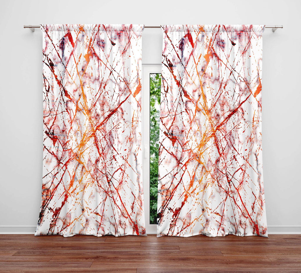 Red and Orange Ink Splatter Marble Window Curtain Panels - Deja Blue Studios