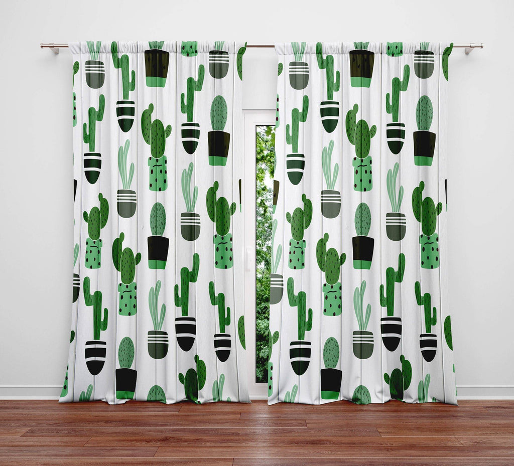 Whimsical Green Cactus on White Wood Window Curtain Panels - Deja Blue Studios