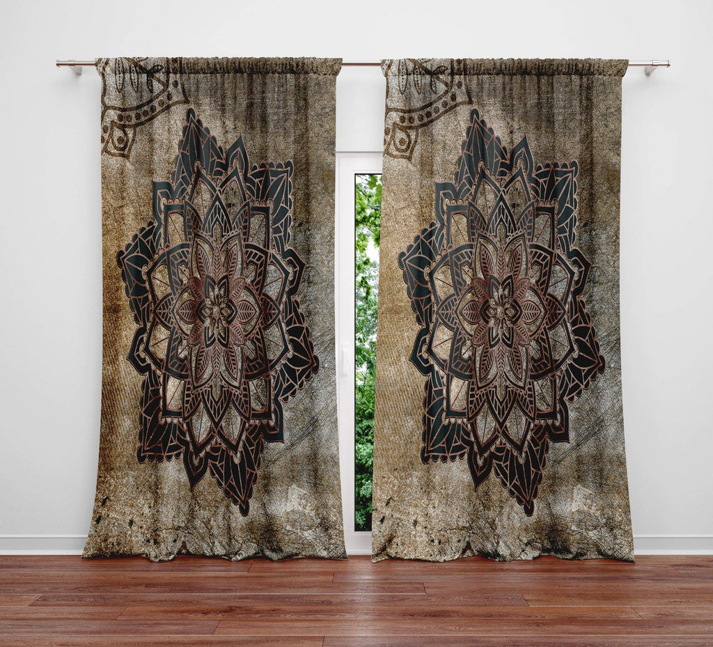 Rustic Grunge Brown Mandala Window Curtain Panels - Deja Blue Studios