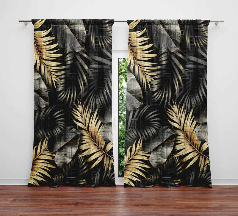 Black and Gold Monstera Fern Print Window Curtain Panels - Deja Blue Studios