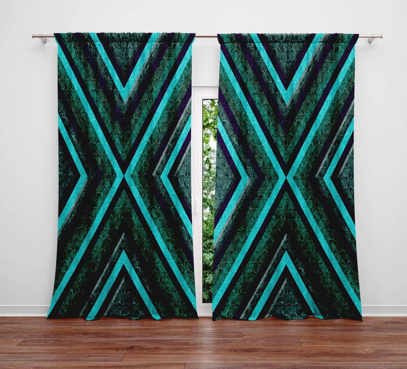 Geometric Green Cross Pattern Window Curtain Panels - Deja Blue Studios