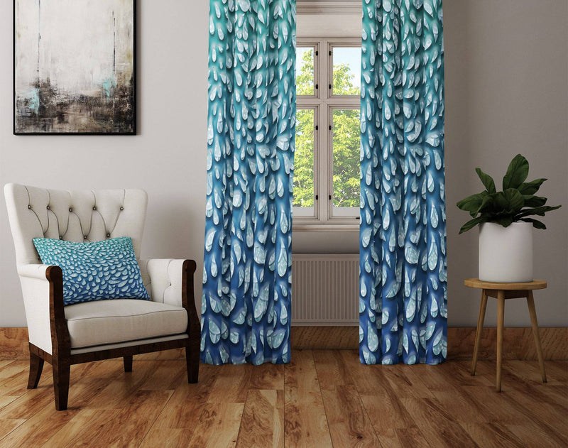 Aqua Blue 3D Raindrop Window Curtains | Modern Colorful Curtains - Deja Blue Studios