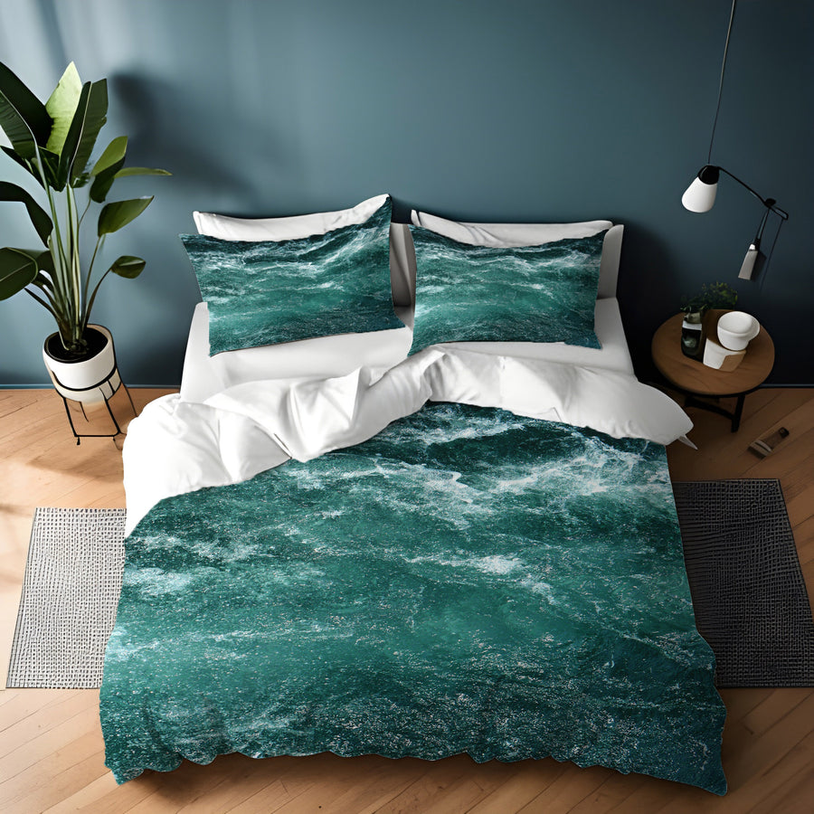 Nautical Green and Blue Ocean Waves Duvet Cover