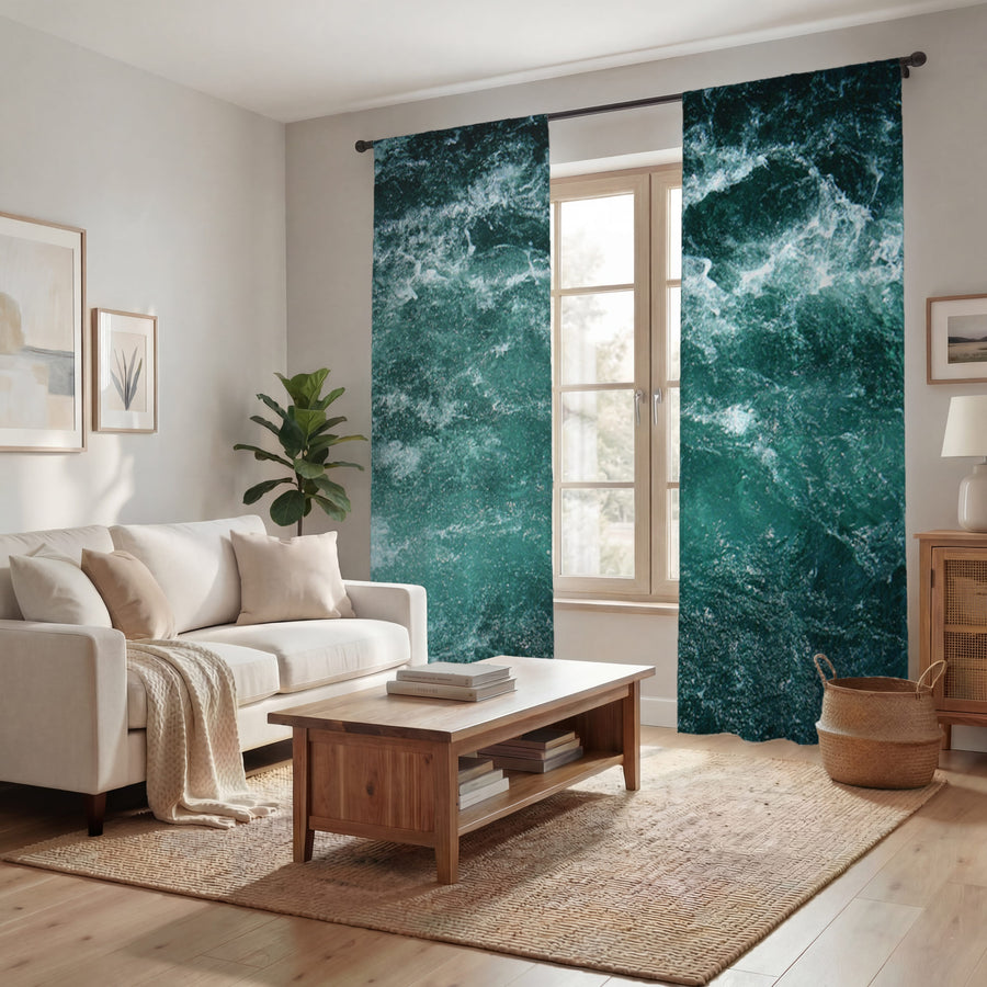 Nautical Green and Blue Ocean Waves Window Curtains