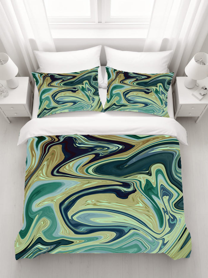 Sage Gold Marble Flow Duvet Cover