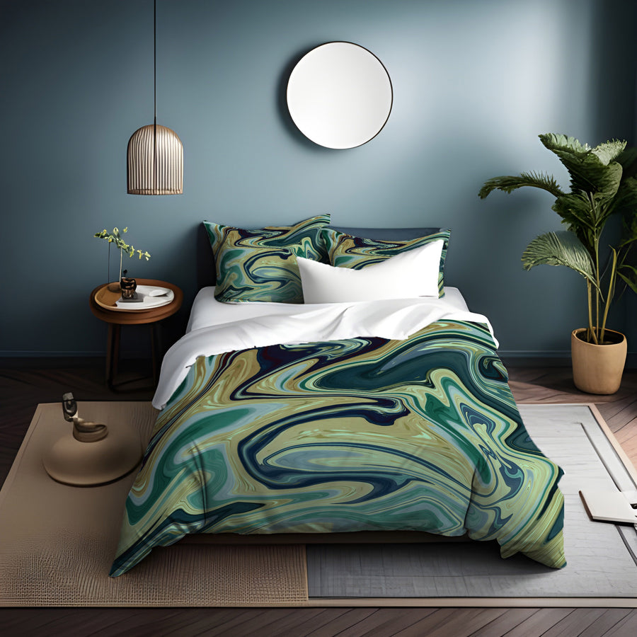 Sage Gold Marble Flow Duvet Cover