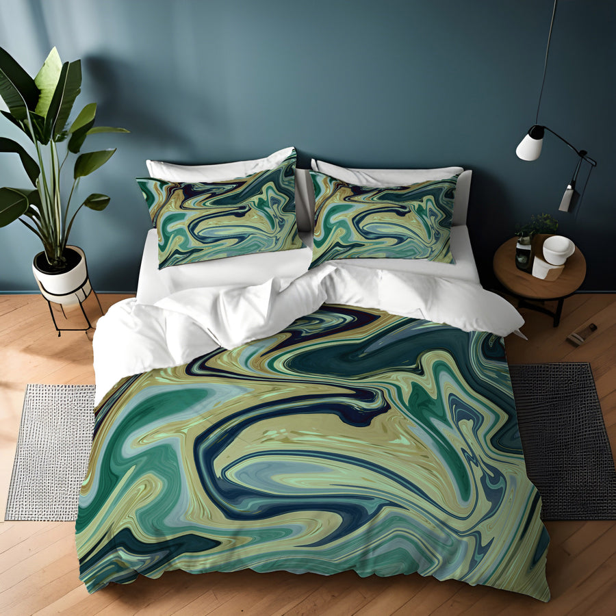 Sage Gold Marble Flow Duvet Cover