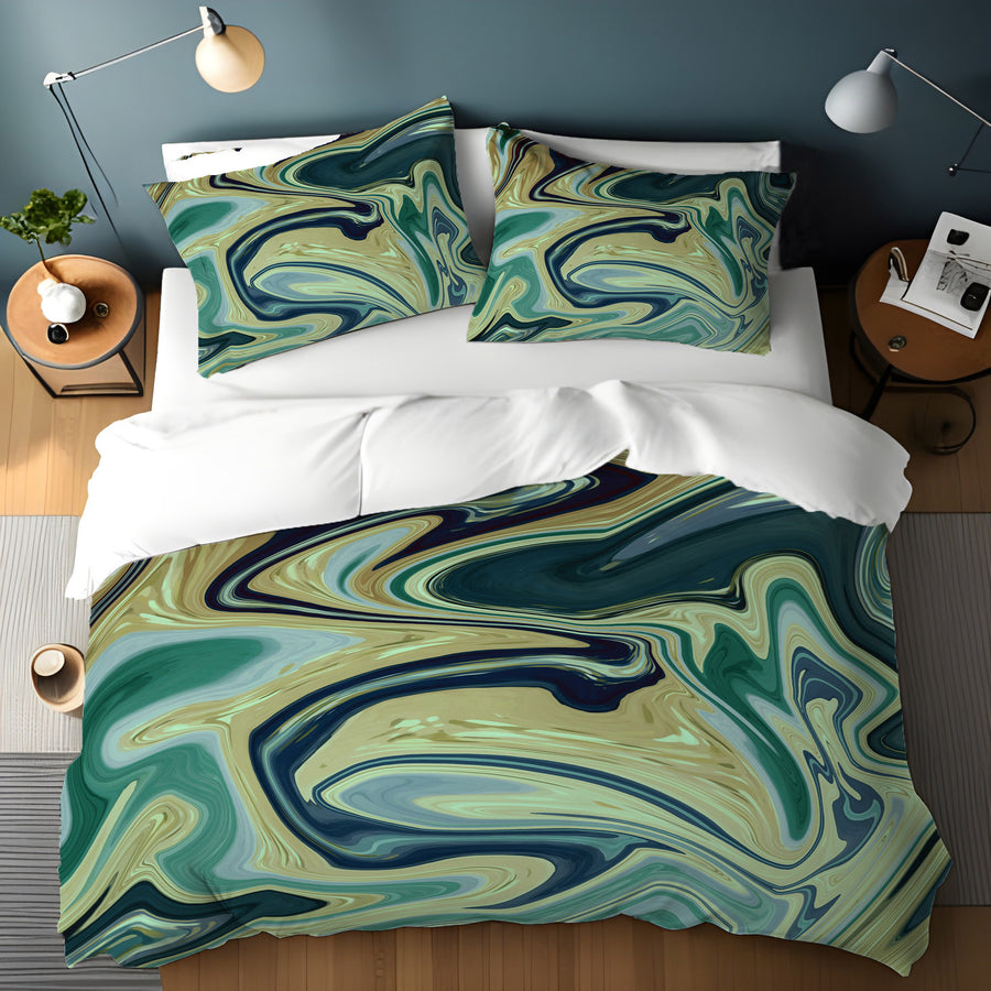 Sage Gold Marble Flow Duvet Cover