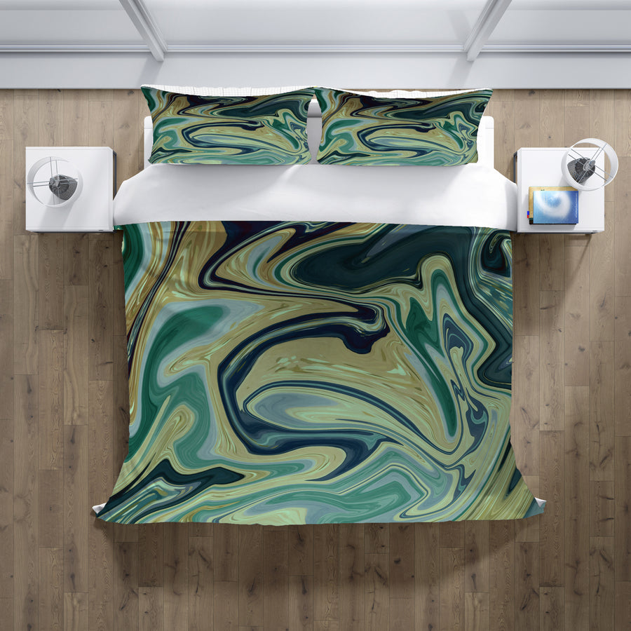 Sage Gold Marble Flow Duvet Cover