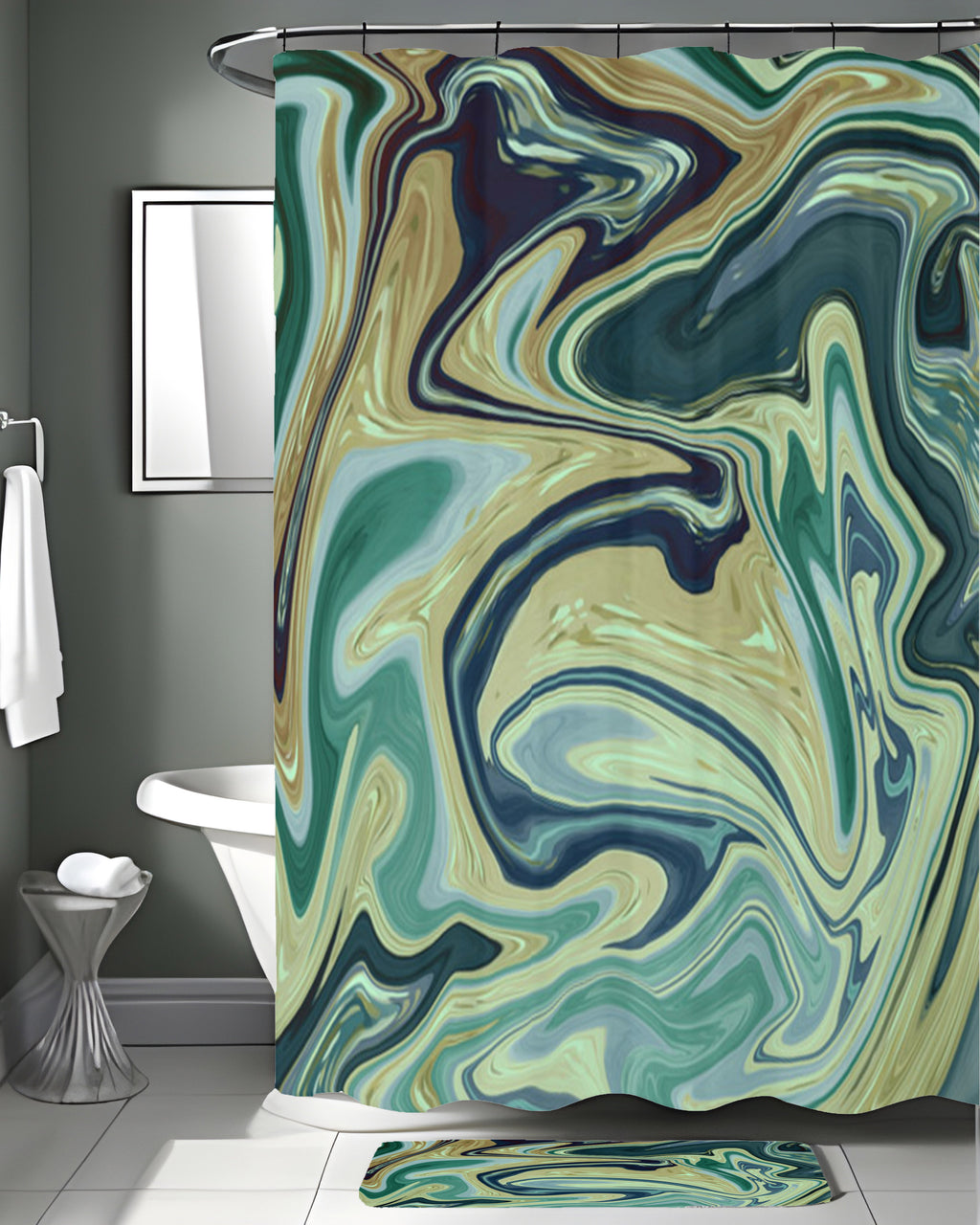 Sage Gold Marble Flow Shower Curtain