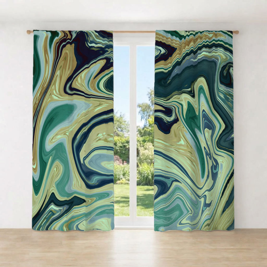Sage Gold Marble Flow Window Curtains